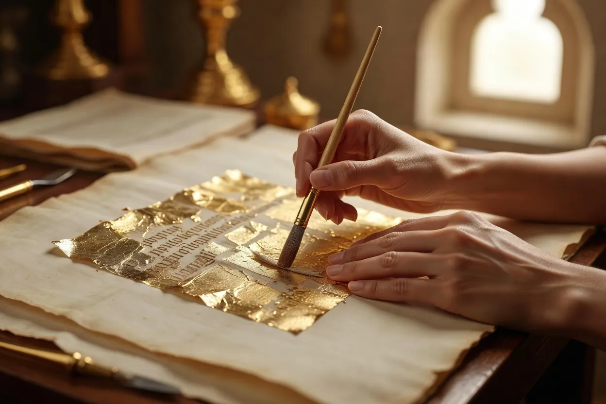 Gros plan sur des mains posant une feuille d'or sur un parchemin avec un outil de brunissage