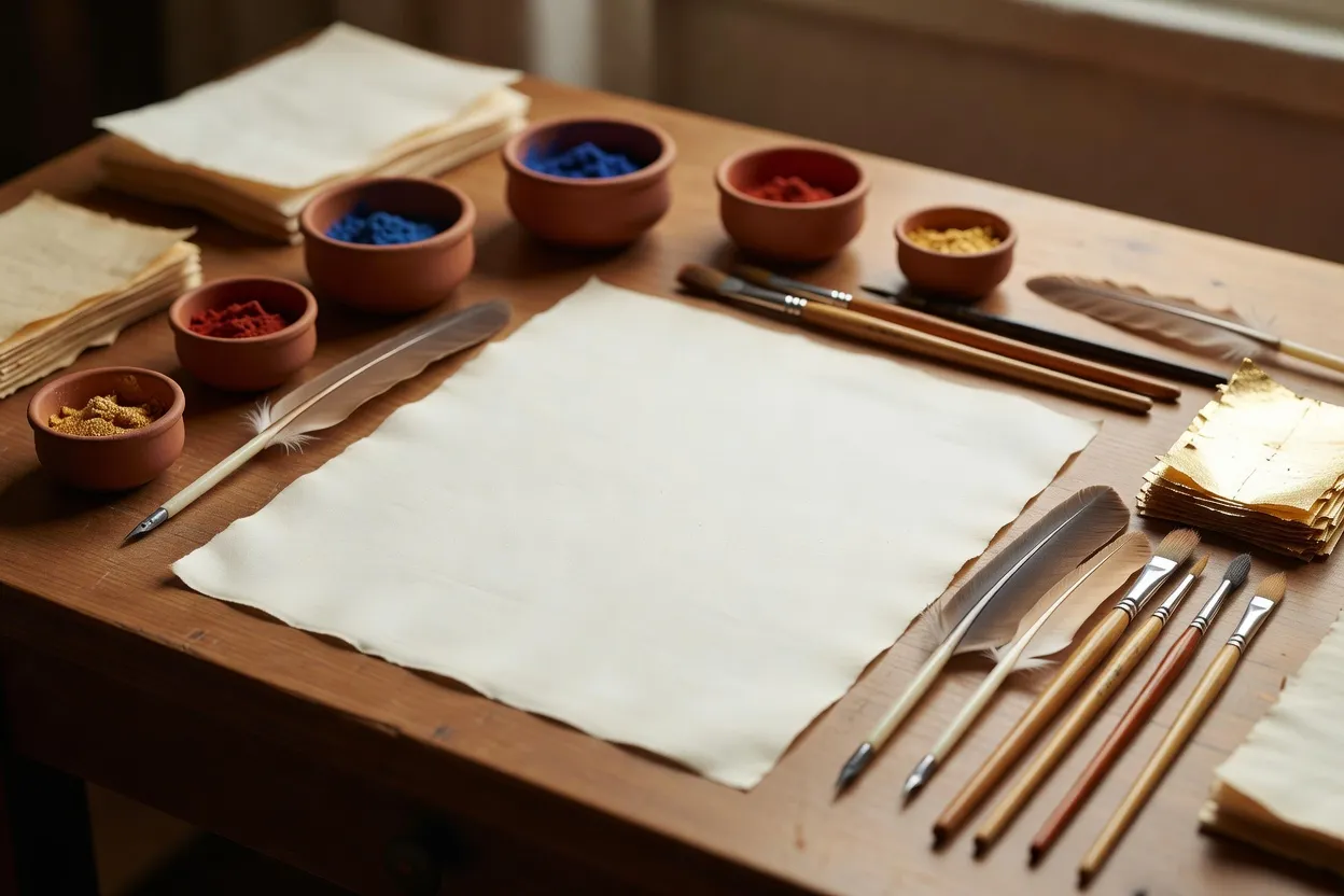 Table d'atelier avec pigments minéraux, plumes taillées et esquisse de lettrine en cours