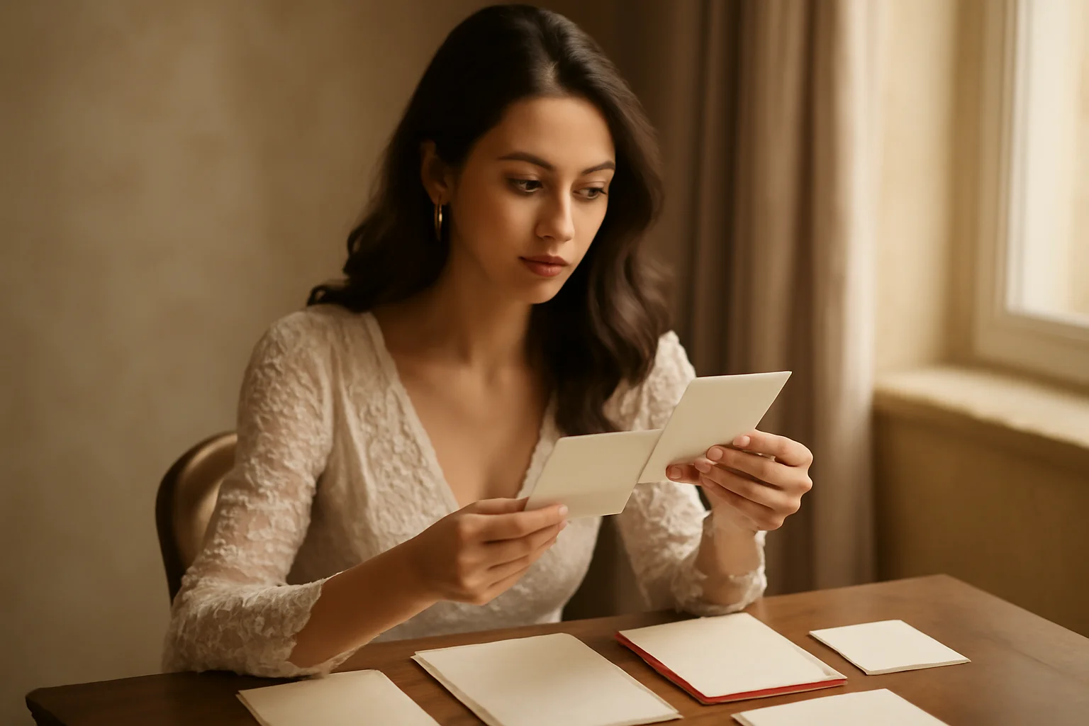 Femme comparant des échantillons de papier et des modèles de faire-part de mariage