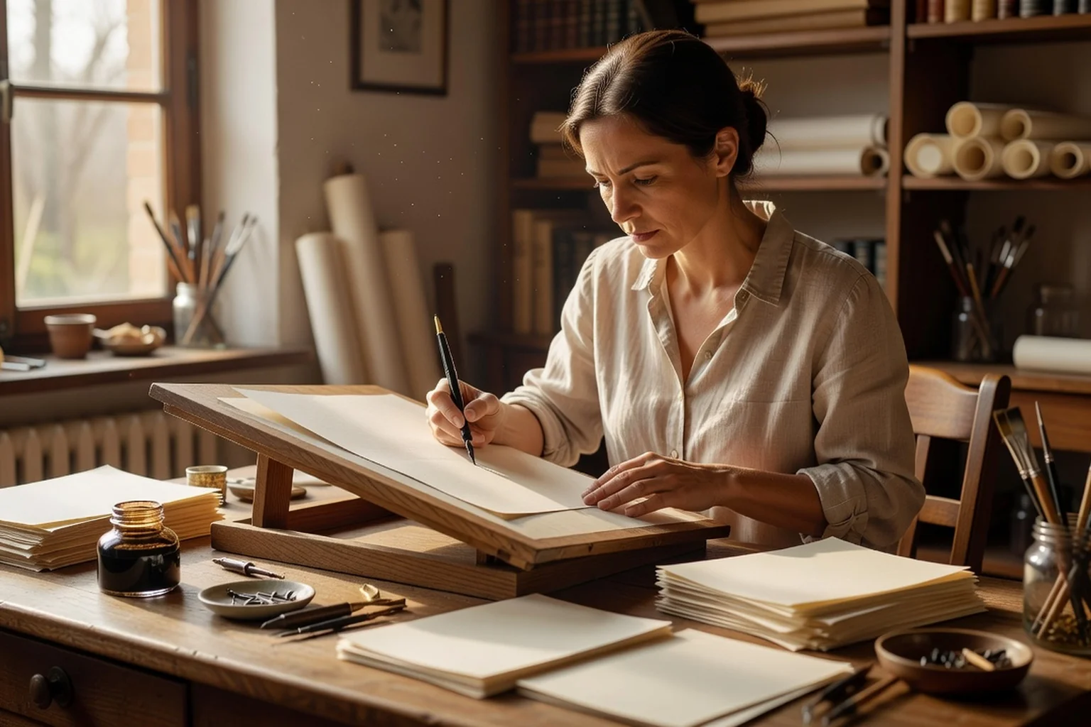 Femme calligraphe concentrée préparant des cartons de réponse à la plume sur son pupitre d'atelier, encrier et feuilles de papier vélin autour d'elle