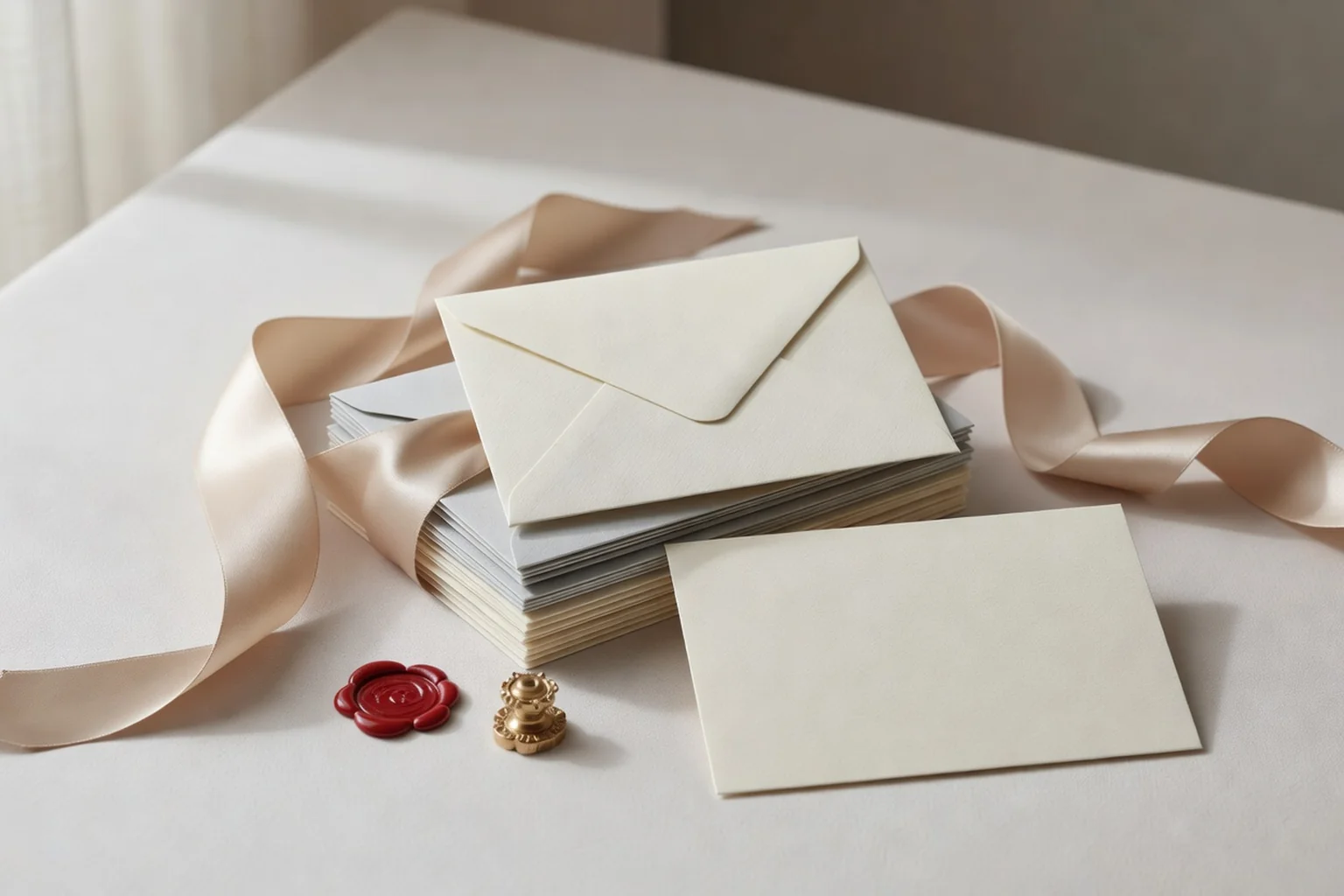 Pile de petites enveloppes ivoire et cartons coordonnés, ruban de soie rose poudré et cachet de cire bordeaux sur une nappe claire