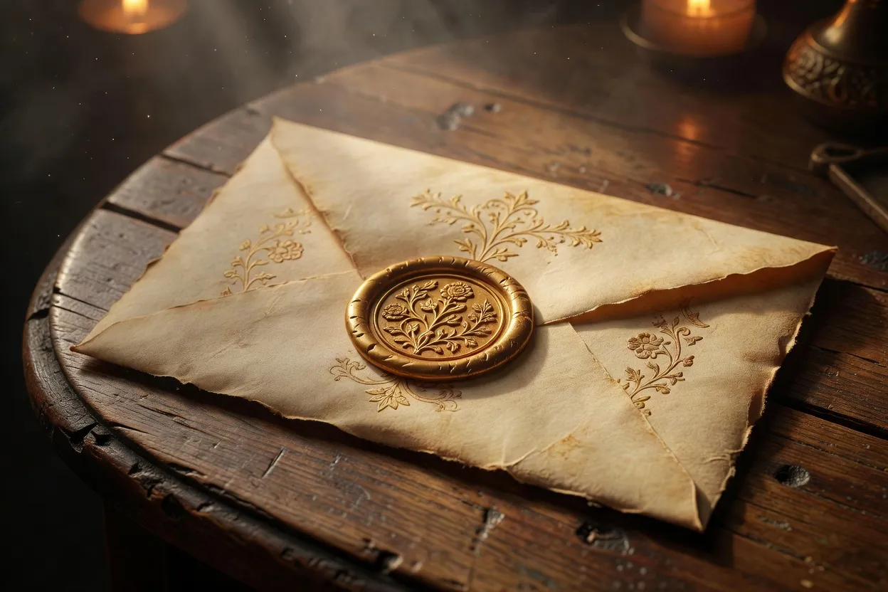 Cachet de cire doré apposé sur une enveloppe de faire-part