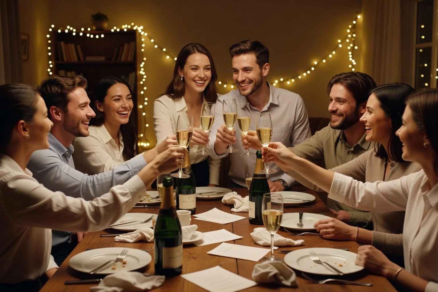 Jeunes fiancés levant leur verre avec leurs amis autour d’une table conviviale