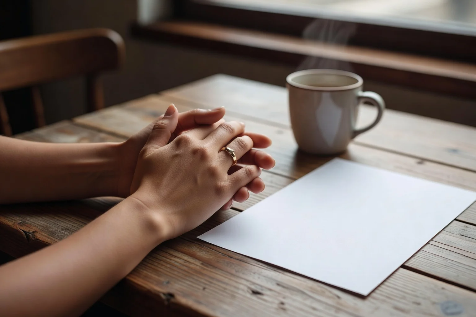 Mains d’un couple fiancé enlacées montrant une bague de fiançailles dorée près d’une tasse de café et d’une feuille de papier
