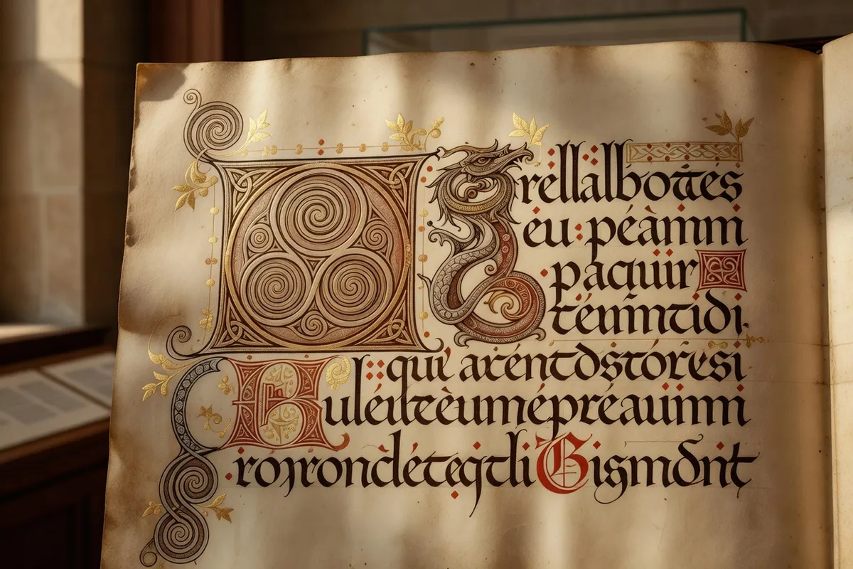 Photorealistic editorial photograph, manuscript medieval atmosphere, warm vellum