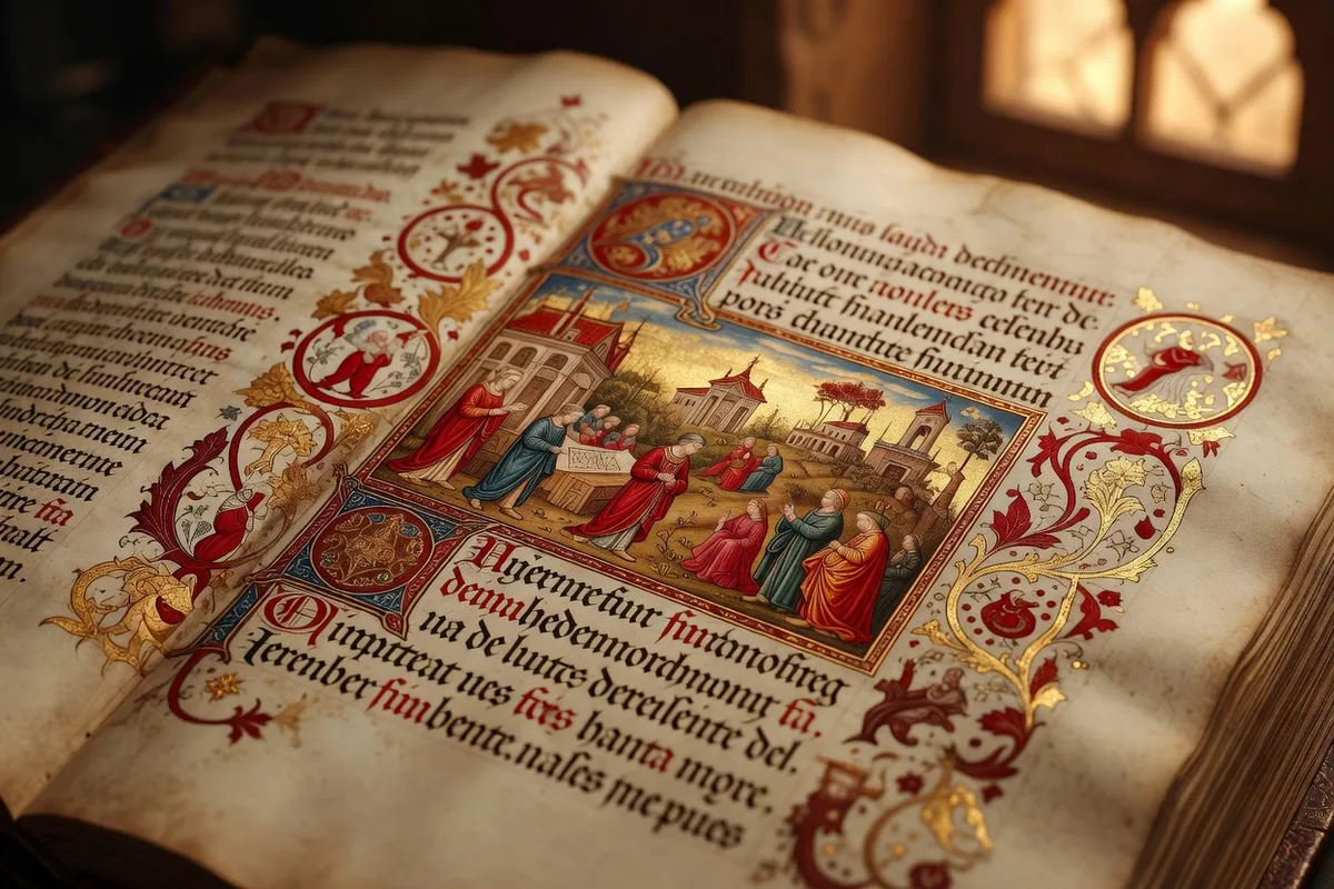 Photorealistic editorial photograph, manuscript medieval atmosphere, warm vellum