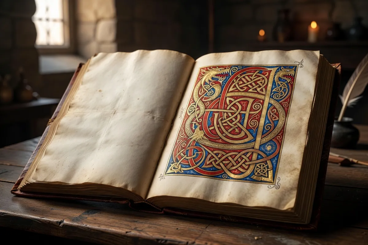 Photorealistic editorial photograph, manuscript medieval atmosphere, warm vellum