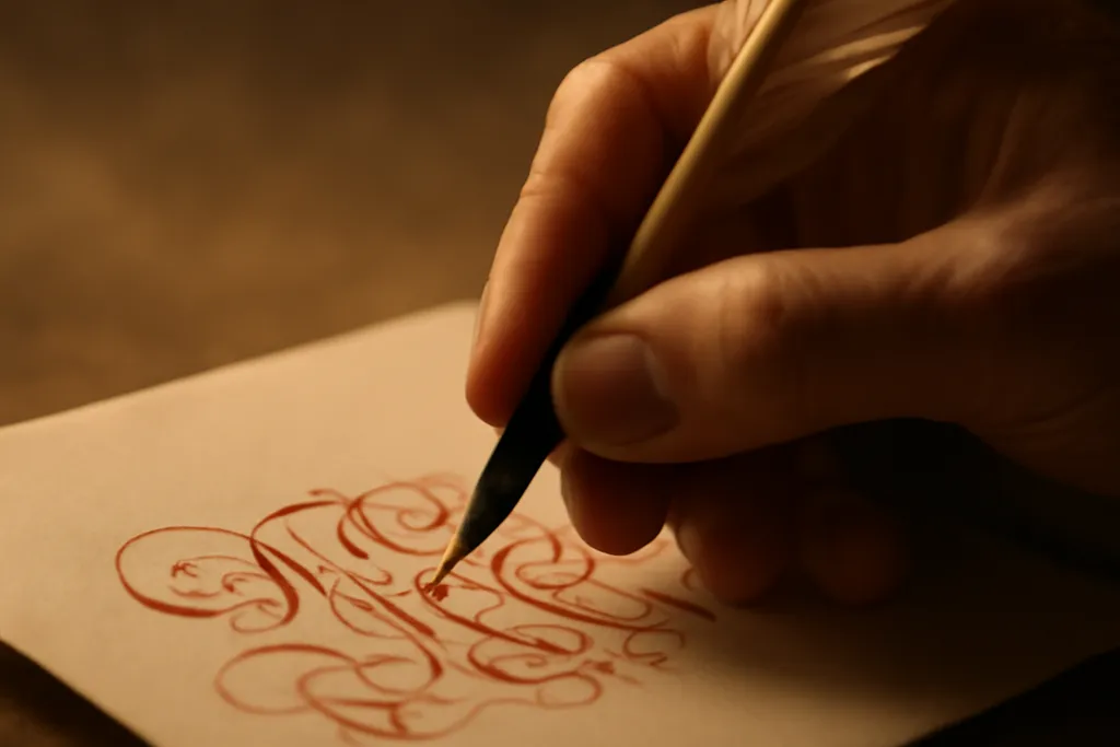 Main calligraphiant l’adresse sur une enveloppe de faire-part