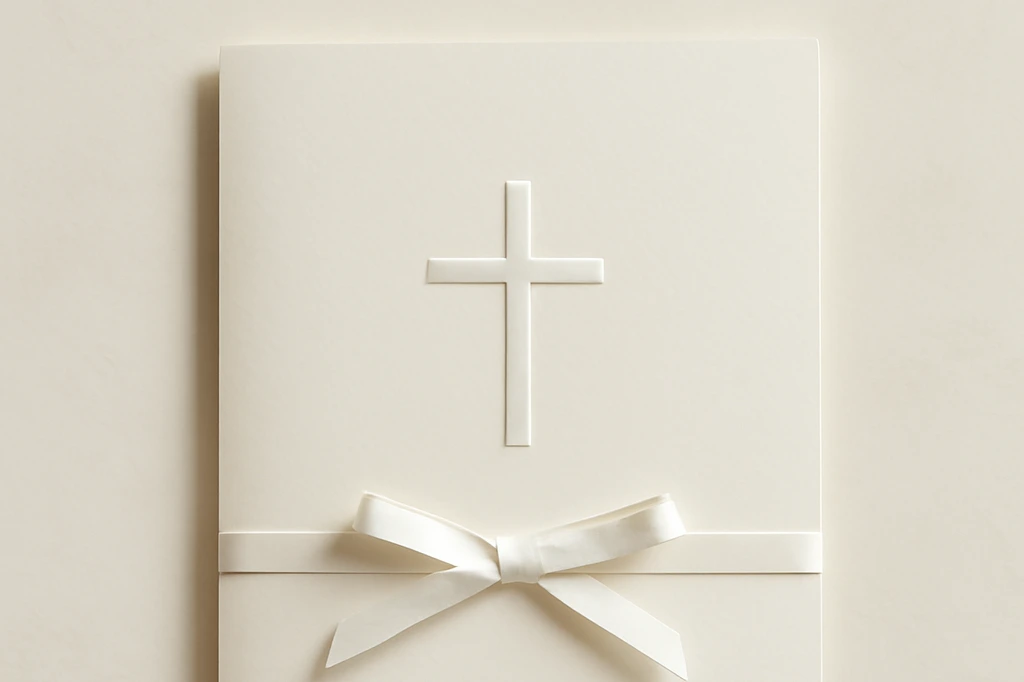 Faire-part de bapteme avec croix discrete et bougie