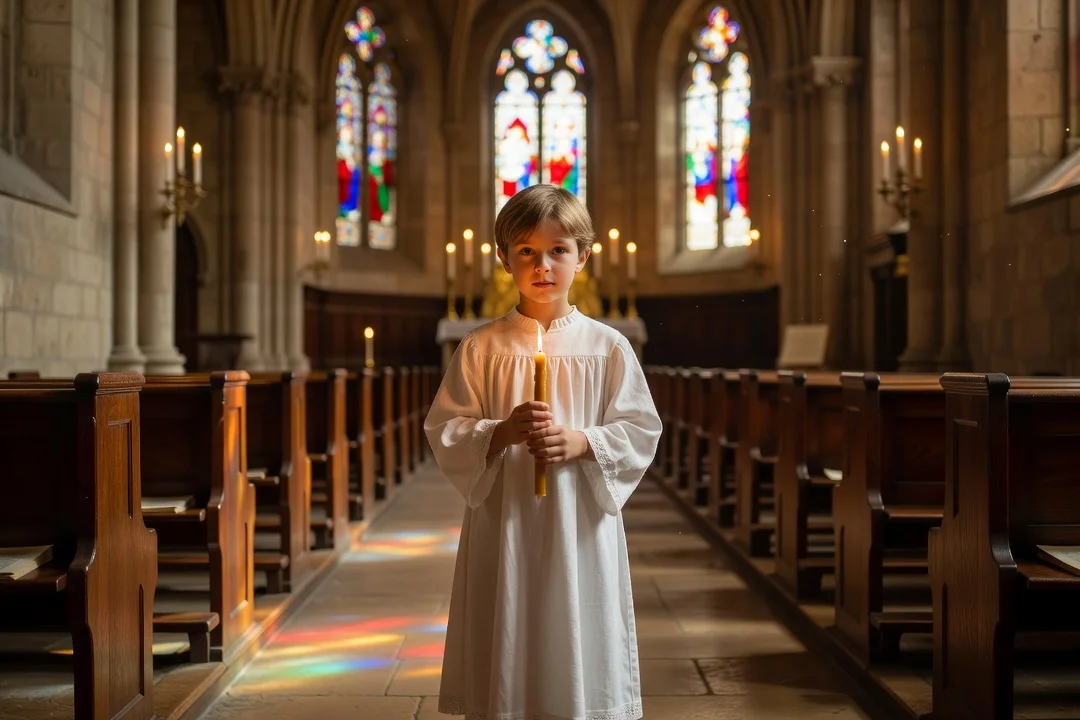 Enfant en aube blanche tenant un cierge lors d'une première communion