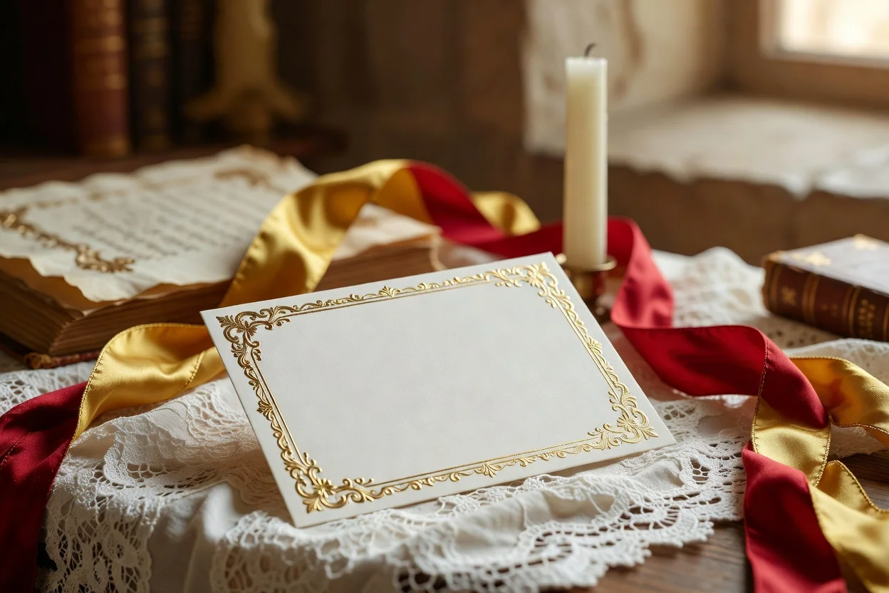 Faire-part de profession de foi calligraphié posé sur une nappe en dentelle
