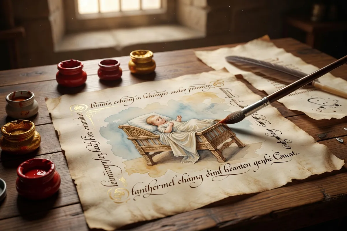 Photorealistic editorial photograph, manuscript medieval atmosphere, warm vellum