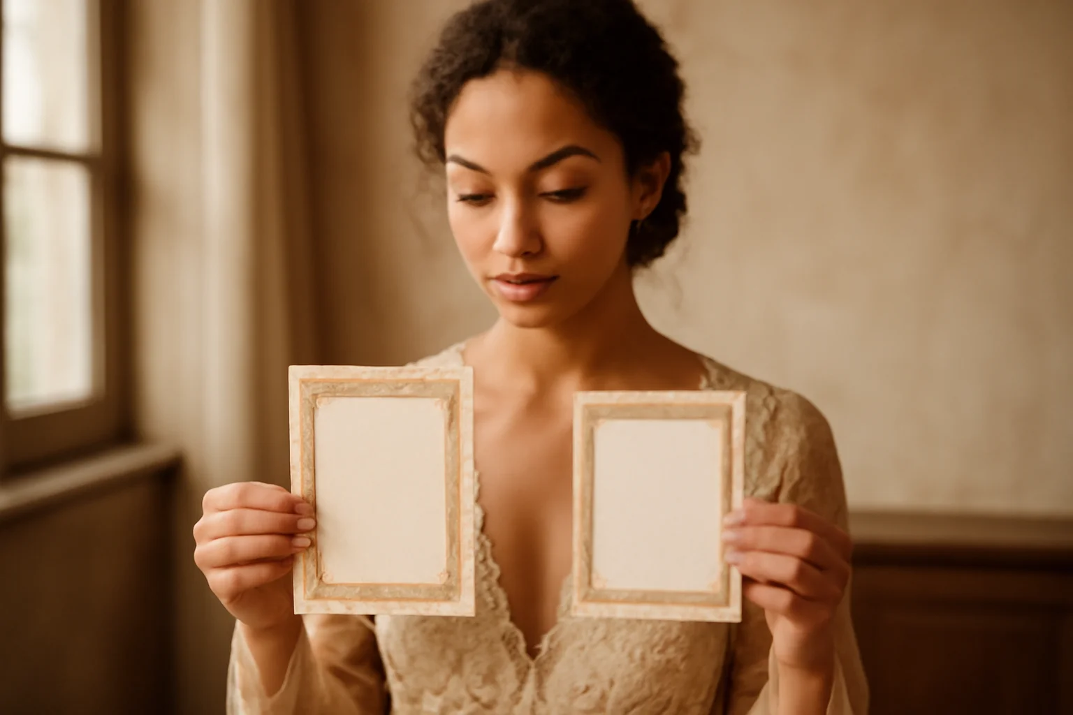 Femme d'origine multiculturelle tenant deux faire-part de mariage côte à côte
