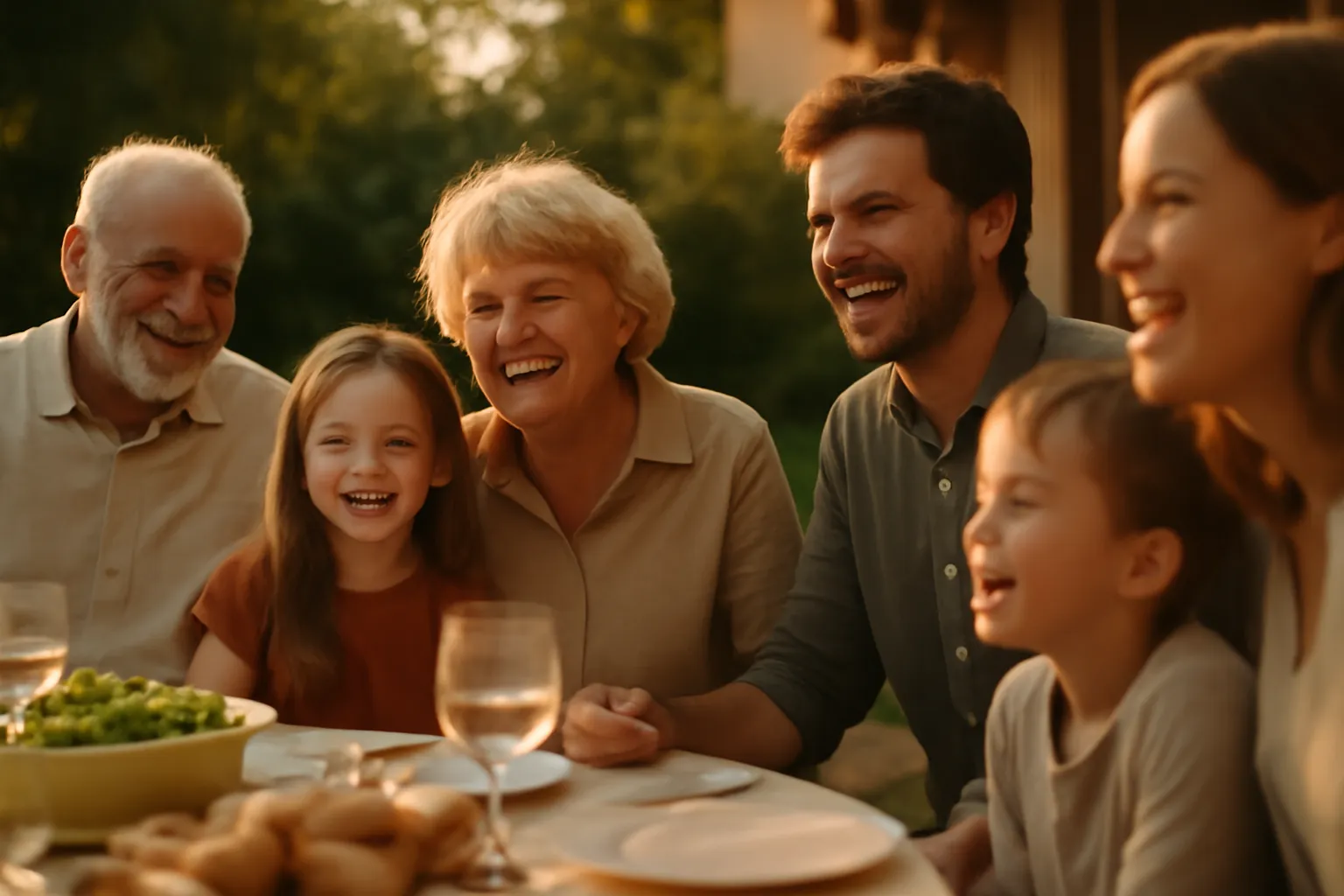 Famille recomposee reunie chaleureusement autour d'une table, enfants et adultes souriants