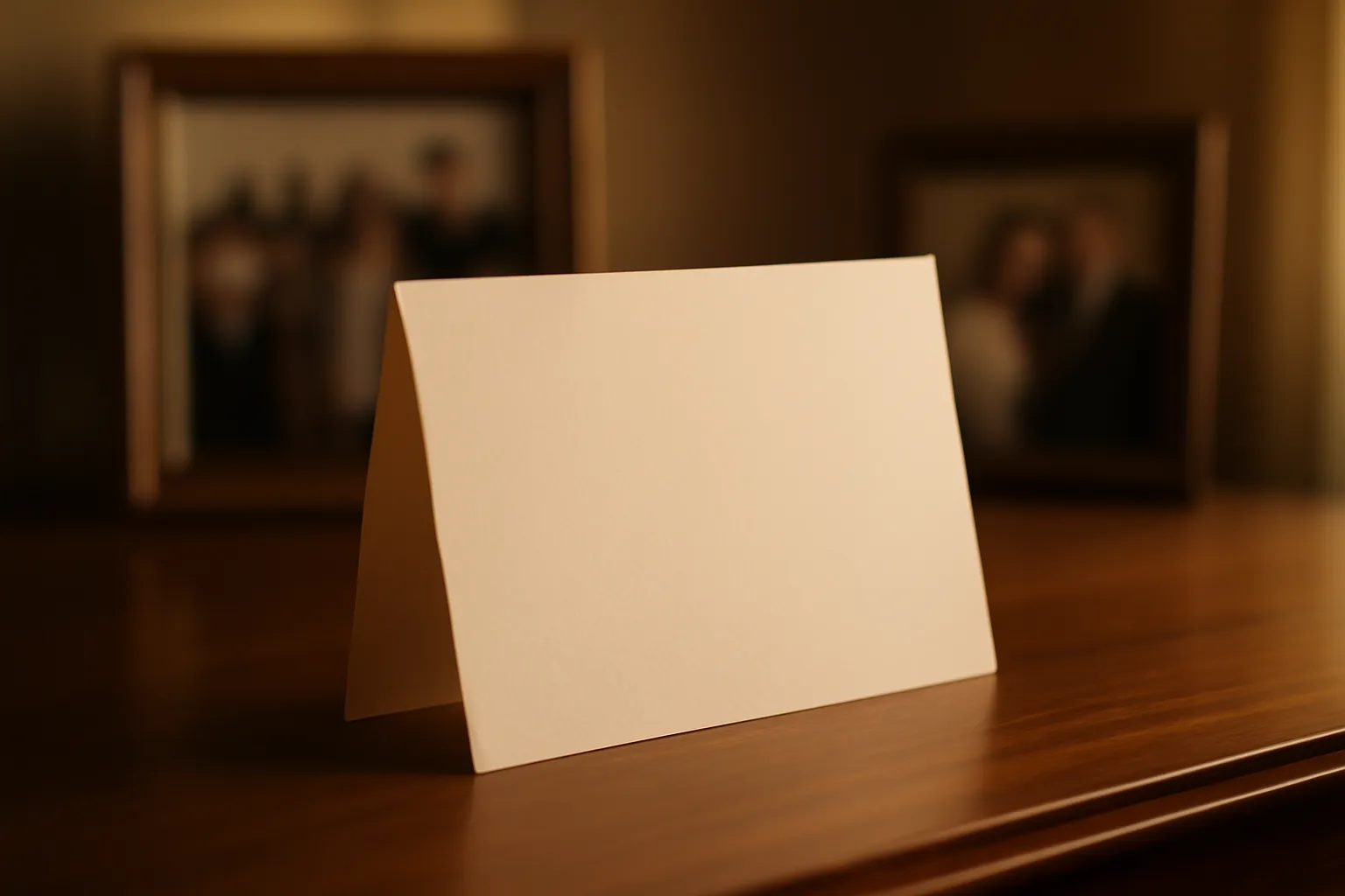 Faire-part de mariage elegant pose sur une table avec des photos de famille en arriere-plan flou