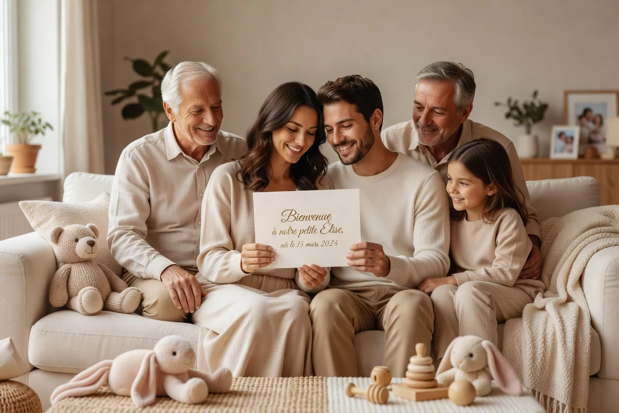 Parents tenant un faire-part de naissance par adoption