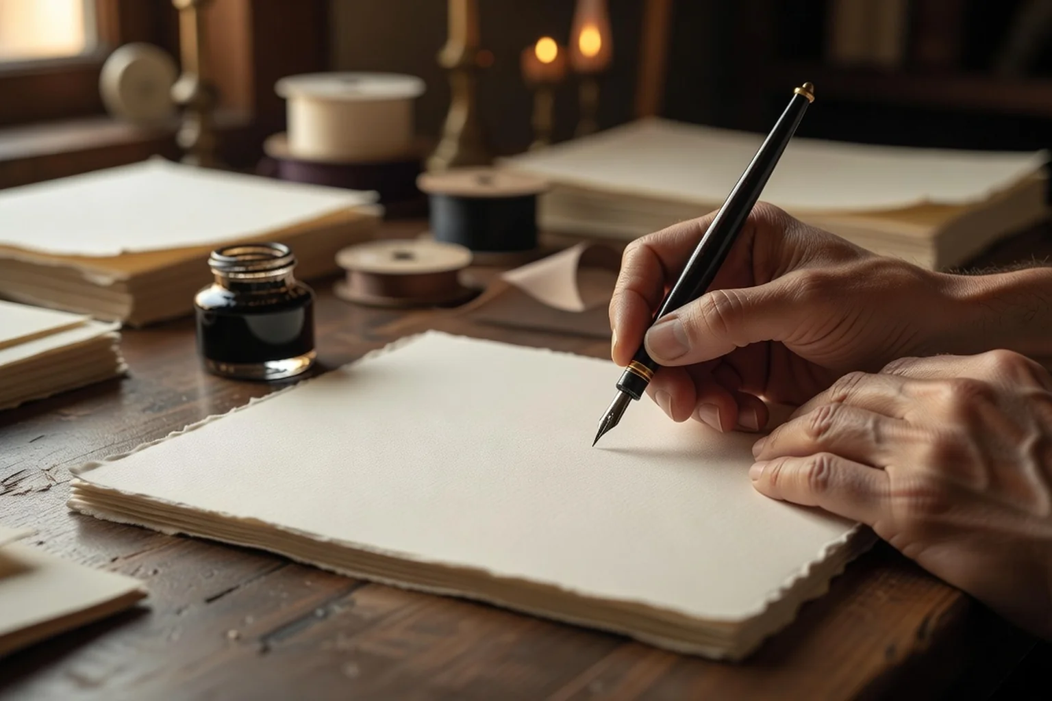 Plume en ombre portant une encre brune sur une carte de remerciement de mariage en papier vergé crème, entourée d'enveloppes calligraphiées et d'un cachet de cire