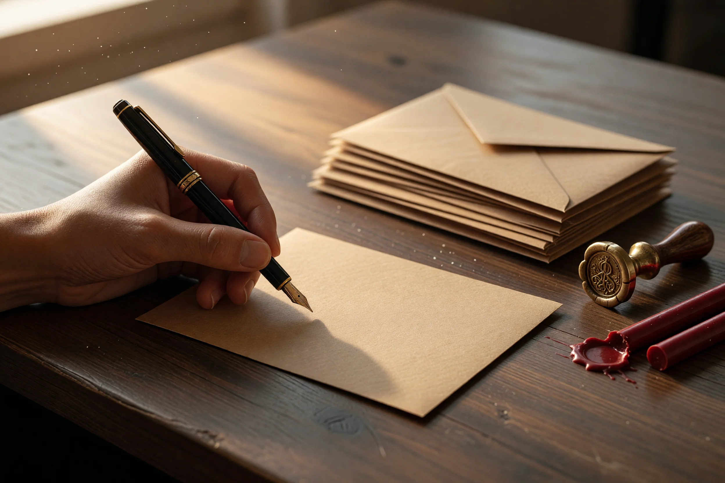 Main écrivant sur une carte vierge avec un stylo plume à côté d'enveloppes kraft et d'un cachet de cire