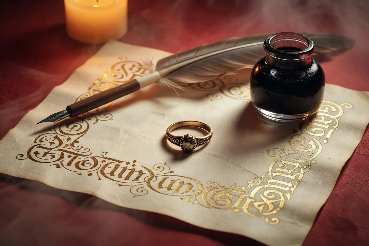 Bague de fiançailles posée sur une carte manuscrite d’annonce
