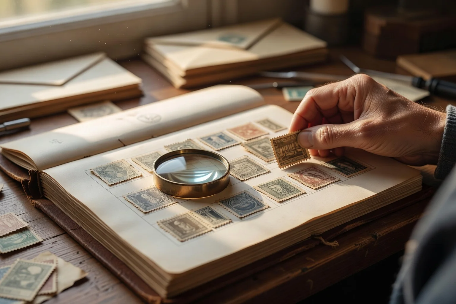 Mains d'une collectionneuse triant de vieux timbres-poste à la loupe de philatélie sur un album ouvert posé sur une table d'atelier en bois