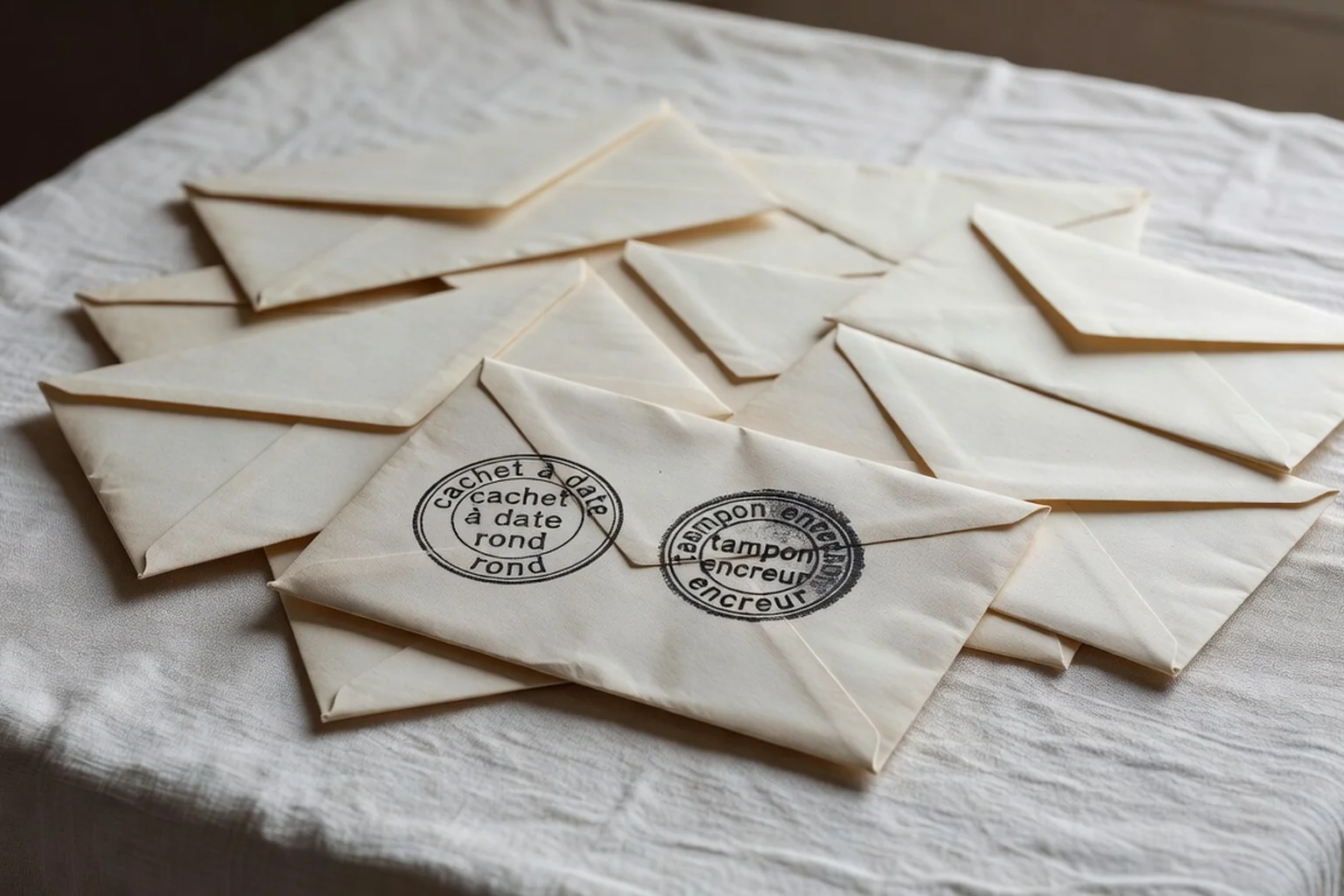 Enveloppes anciennes, cachet à date rond en bois et tampon encreur posés sur une nappe de lin dans une mise en scène patrimoniale du courrier