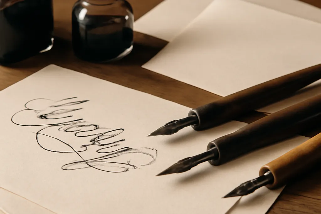 Plume et encre sur un faire-part calligraphie en cours