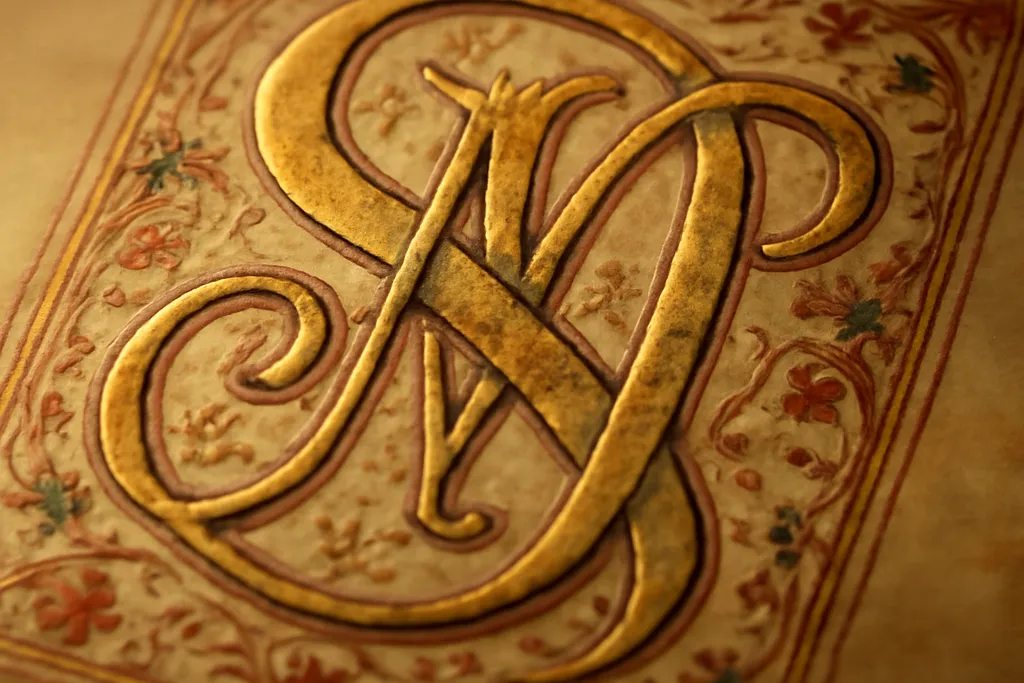 Monogramme entrelacé doré dessiné sur un faire-part de mariage