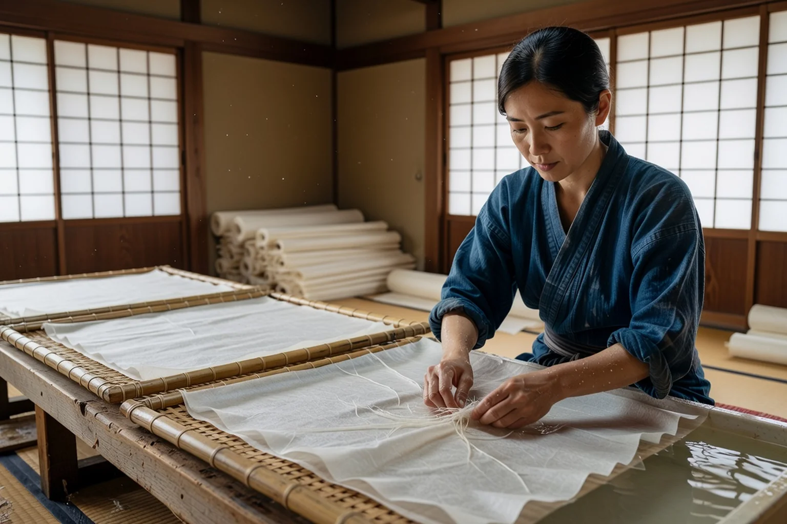 Main de papetière formant une feuille de washi de kozo sur une grille de bambou posée dans un bain d'eau froide
