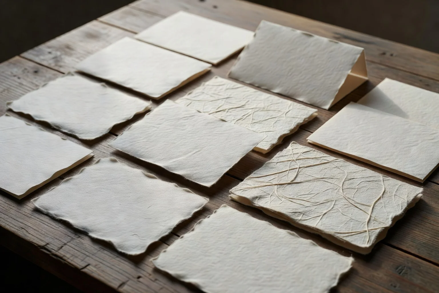 Faire-part de mariage ouvert montrant un encart de papier washi de kozo calligraphié posé sur une carte de coton ivoire