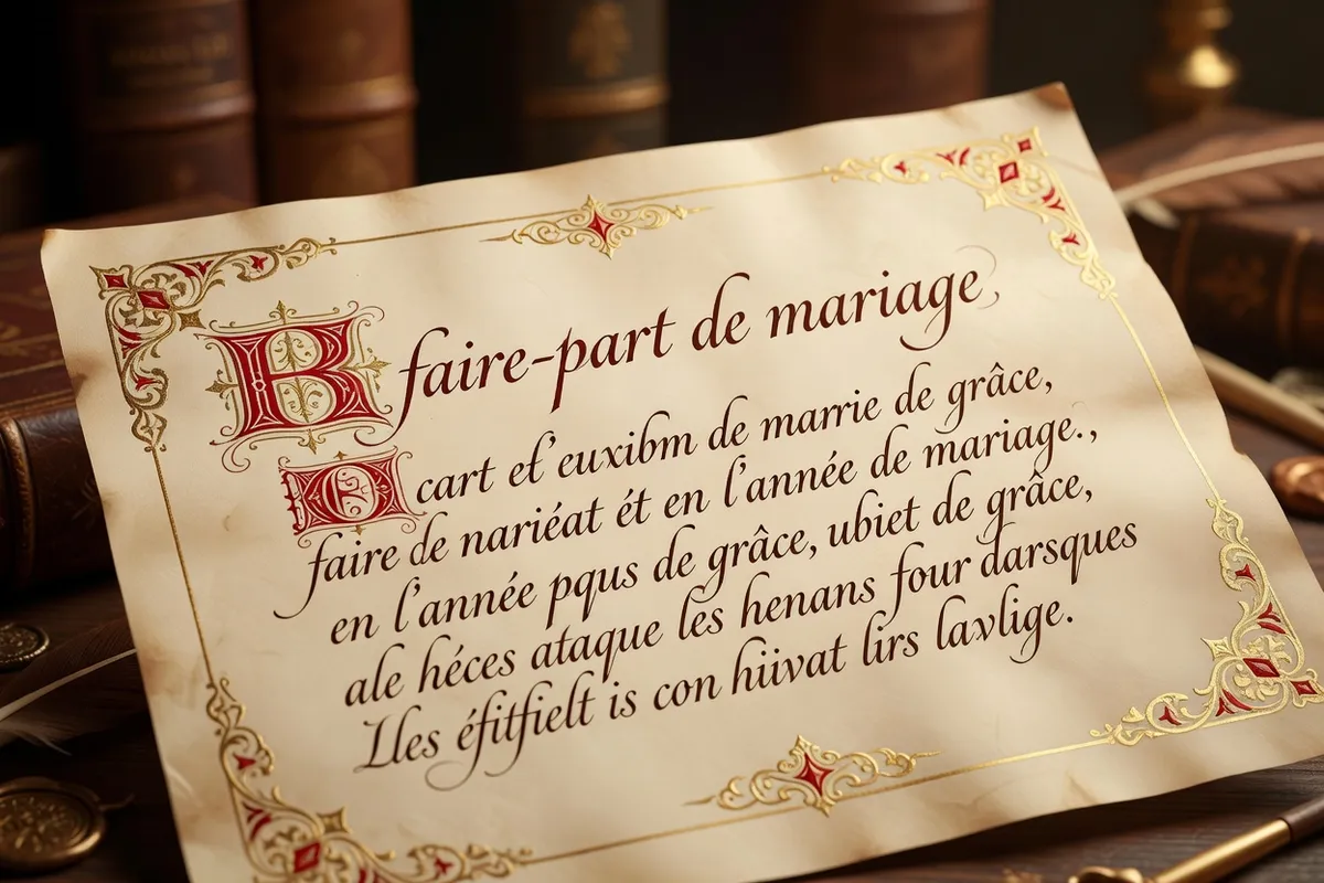 Close-up of a wedding invitation showing classical French announcement phrases in copperplate calligraphy, golden corner ornaments on warm paper