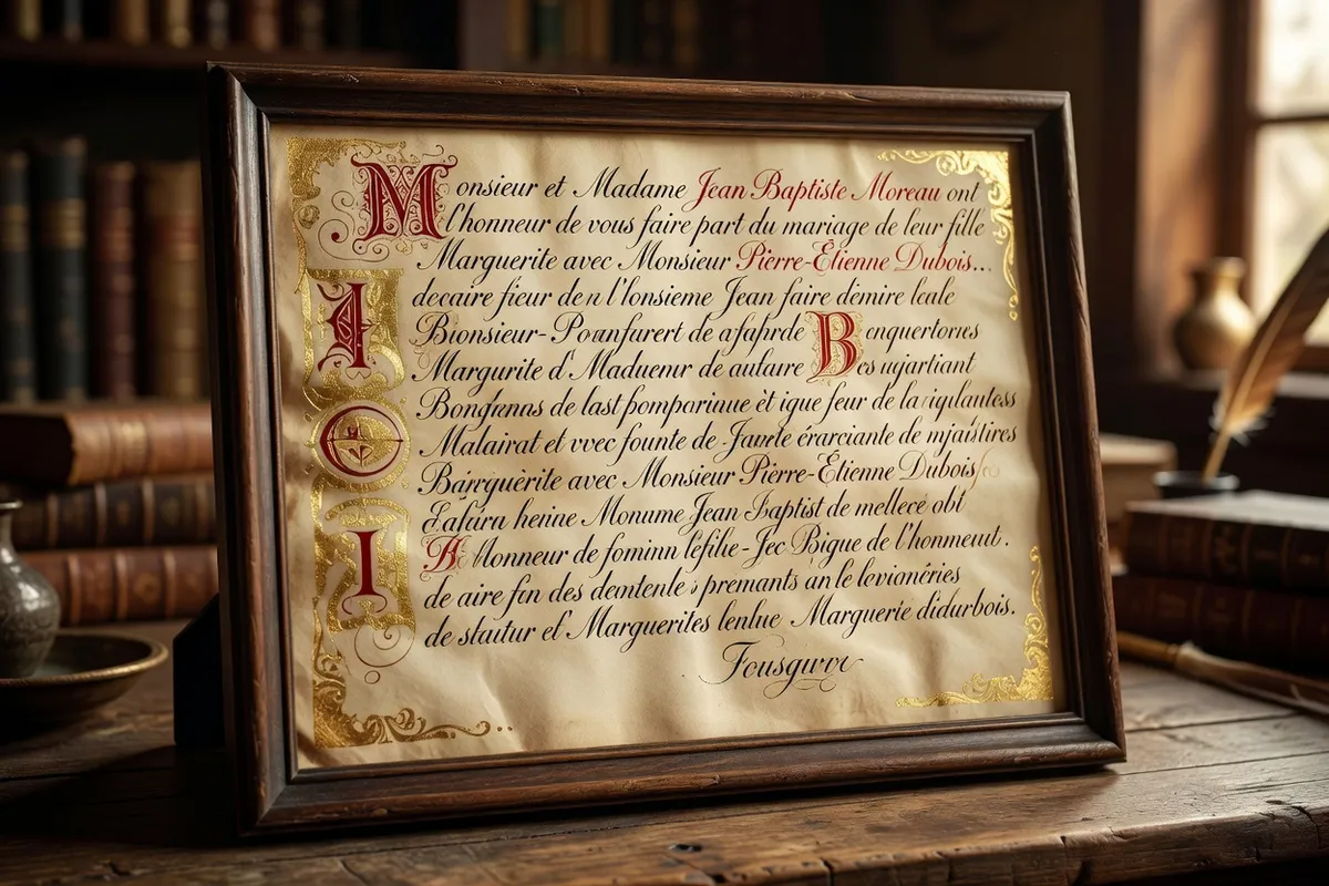 A nineteenth-century French wedding invitation with elaborate bourgeois announcement text, mounted in a wooden display frame