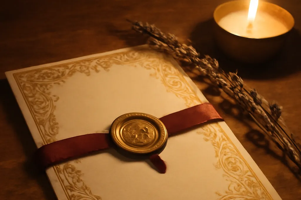 Faire-part de noces d'or et d'argent, calligraphie et alliance ancienne sur papier vellum