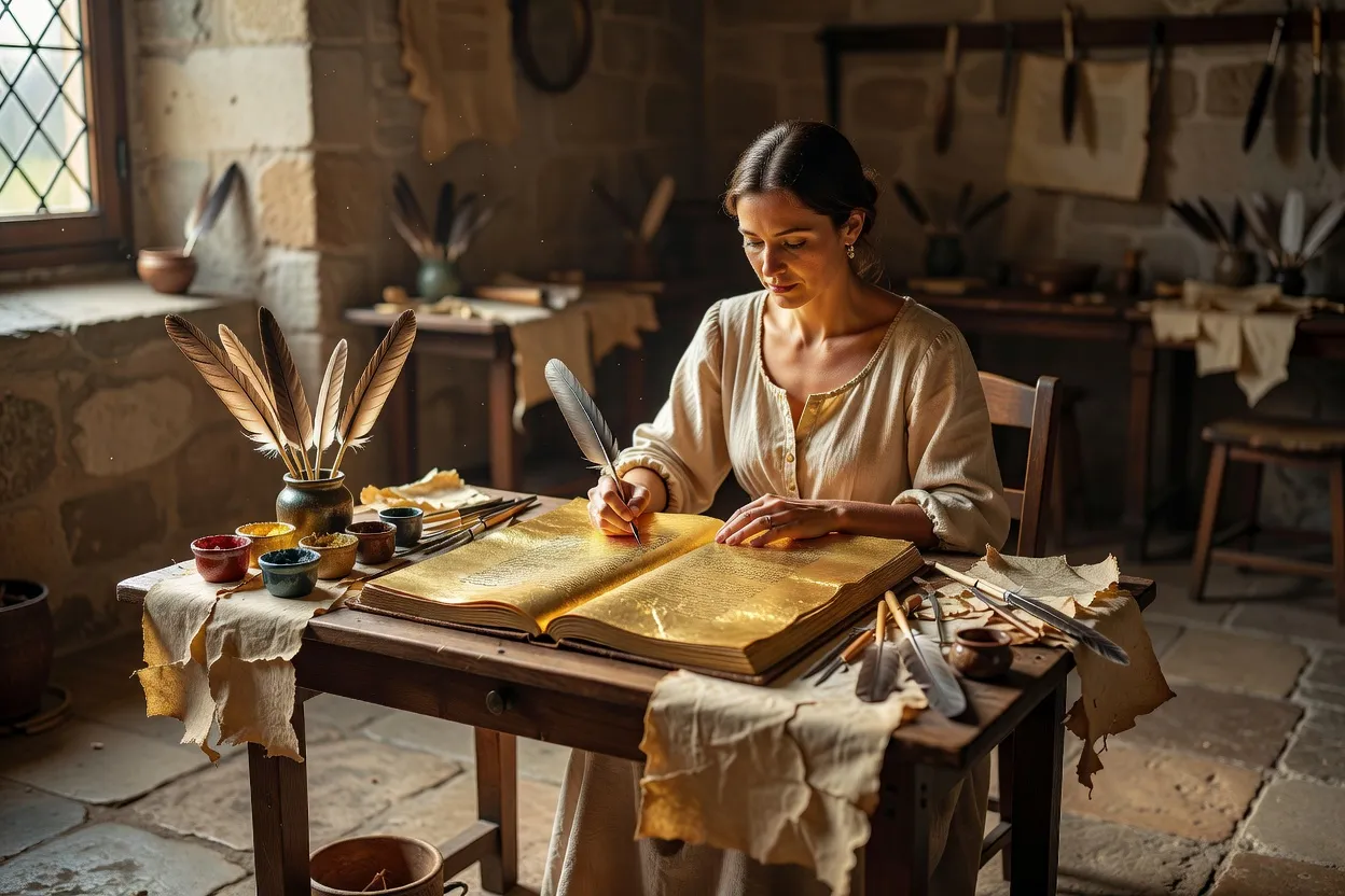 Enlumineur au travail dans un atelier, pinceau fin et feuille d'or sur un pupitre incliné