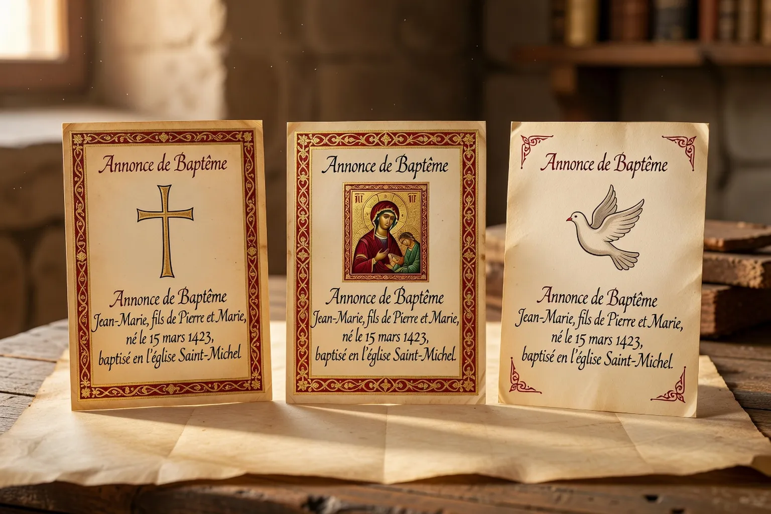 Faire-part de baptême sur papier vergé avec coquille et croix
