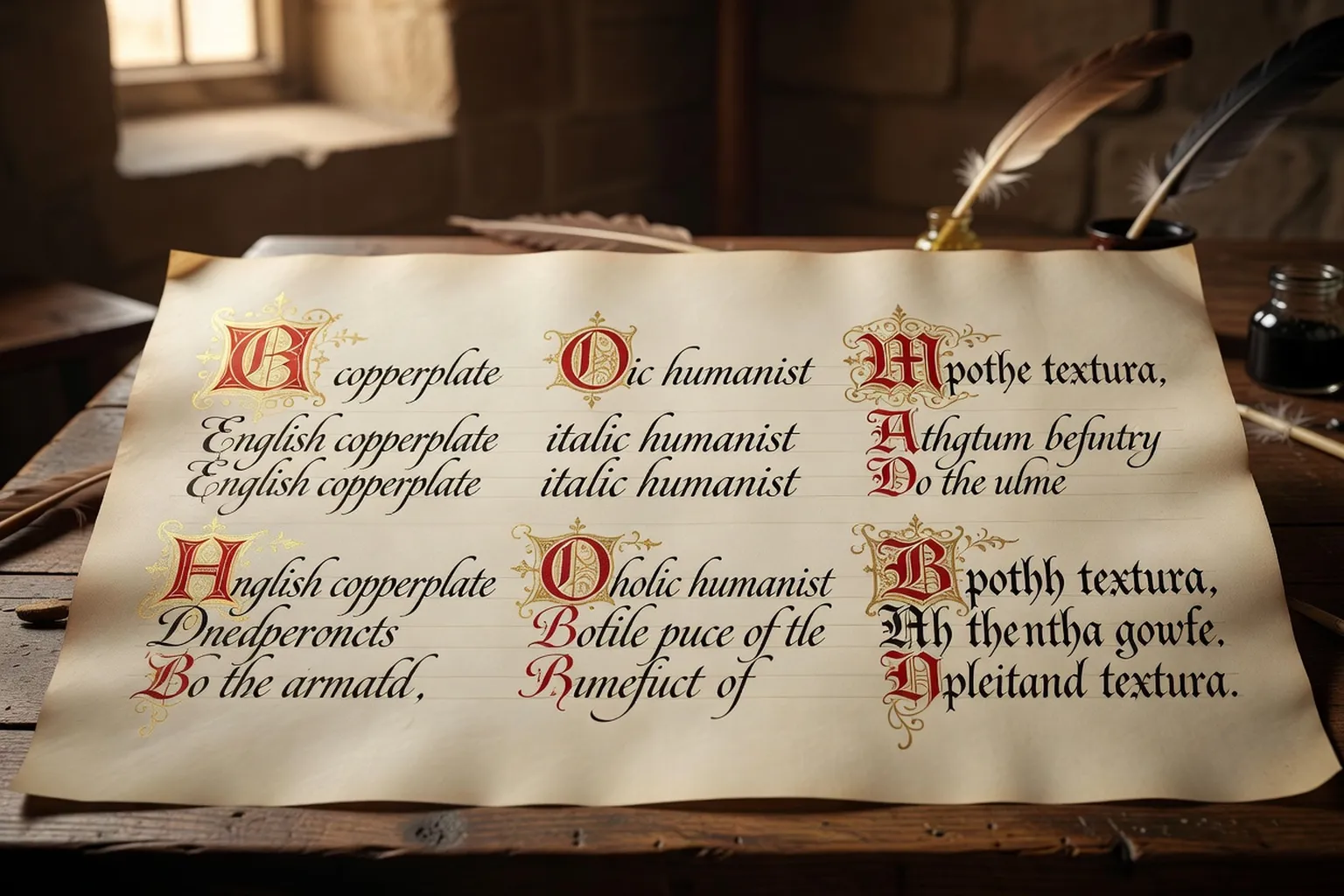 Calligraphies de styles anglaise, italique et gothique côte à côte