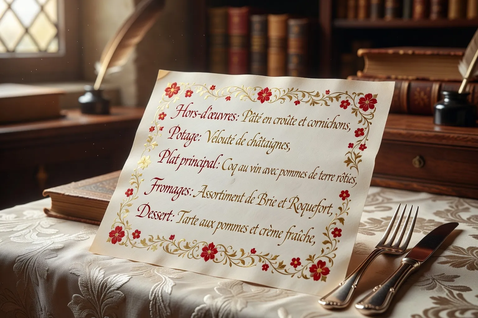Carte de menu de mariage calligraphiée sur papier ivoire