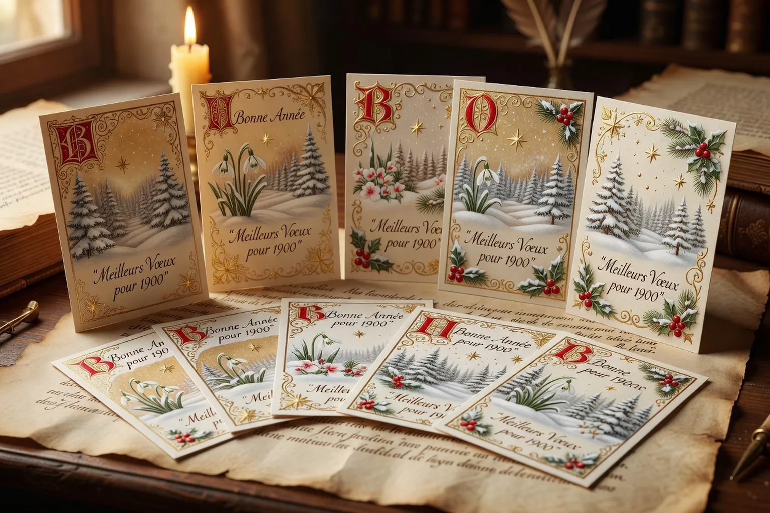 Cartes de vœux de fin d'année illustrées de motifs hivernaux