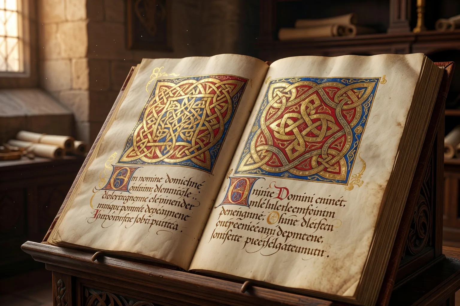 Folio enluminé du Livre de Kells avec lettrines celtes