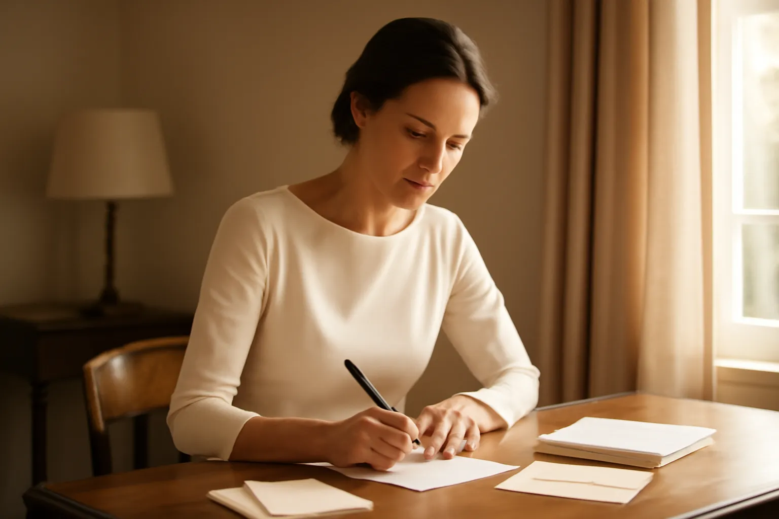 Faire-part de mariage civil sobre pose sur une table avec une plume, sans symbole religieux