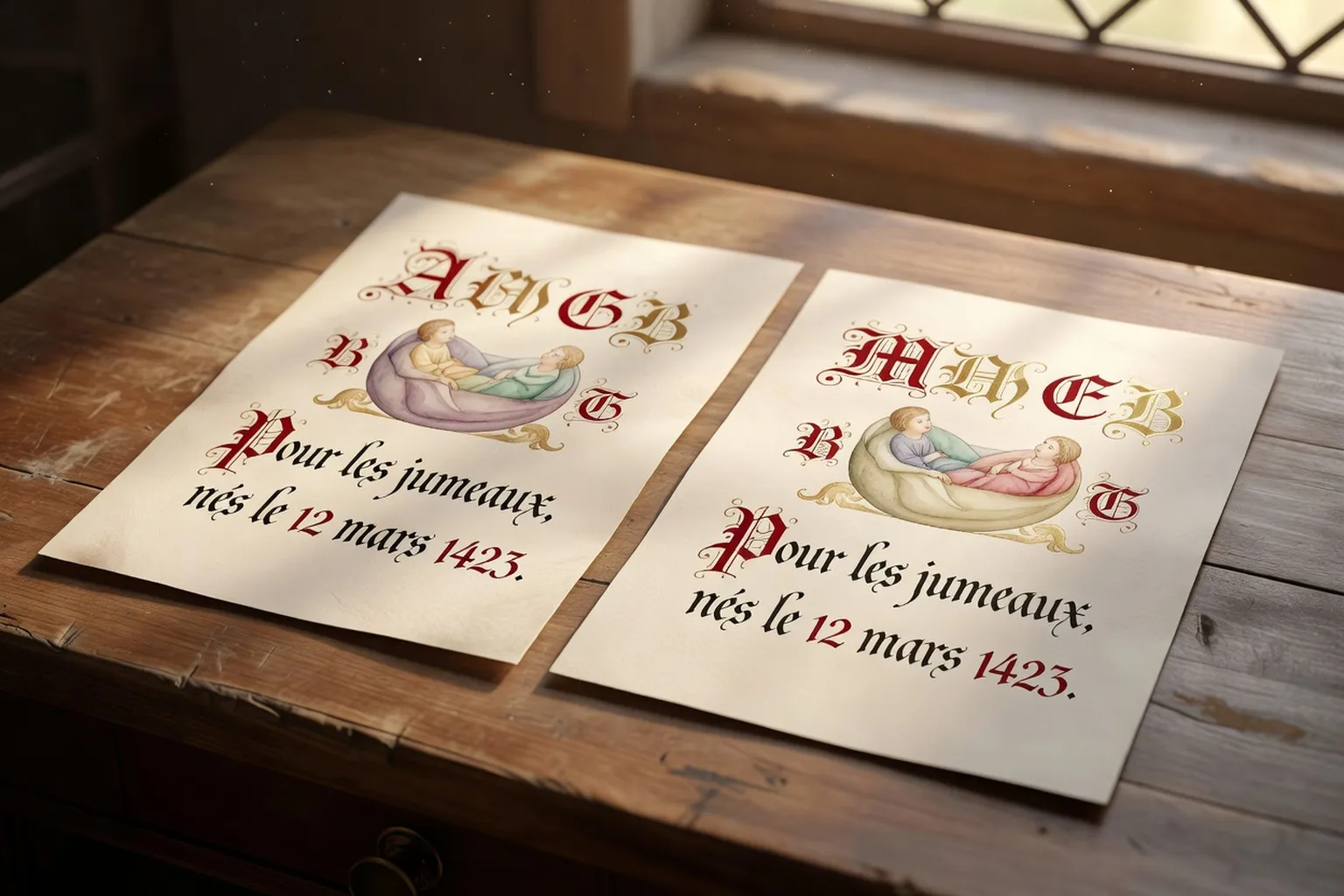 Faire-part de naissance pour jumeaux avec alphabets miniatures peints