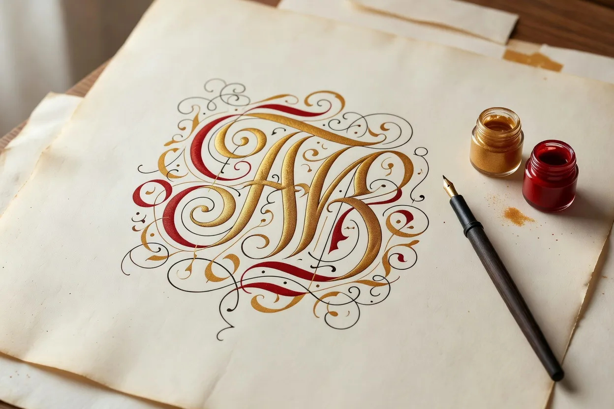 Typographe composant un monogramme calligraphié sur une table d'atelier