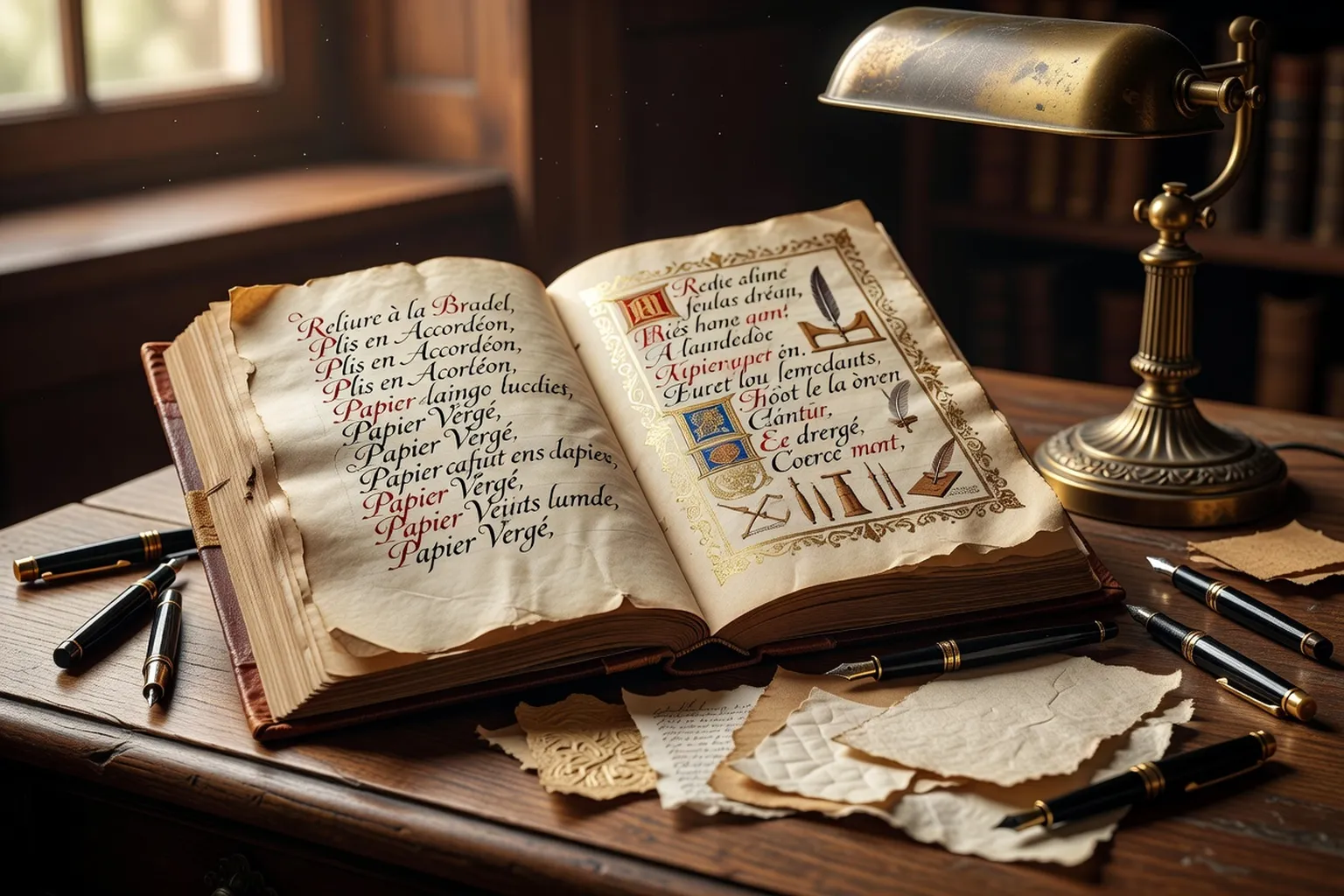 Pages de lexique de papeterie illustrées de termes calligraphiés