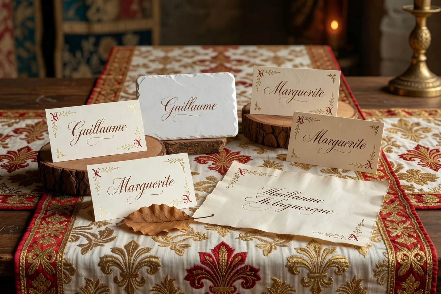 Marque-place de mariage en bois calligraphié à la plume
