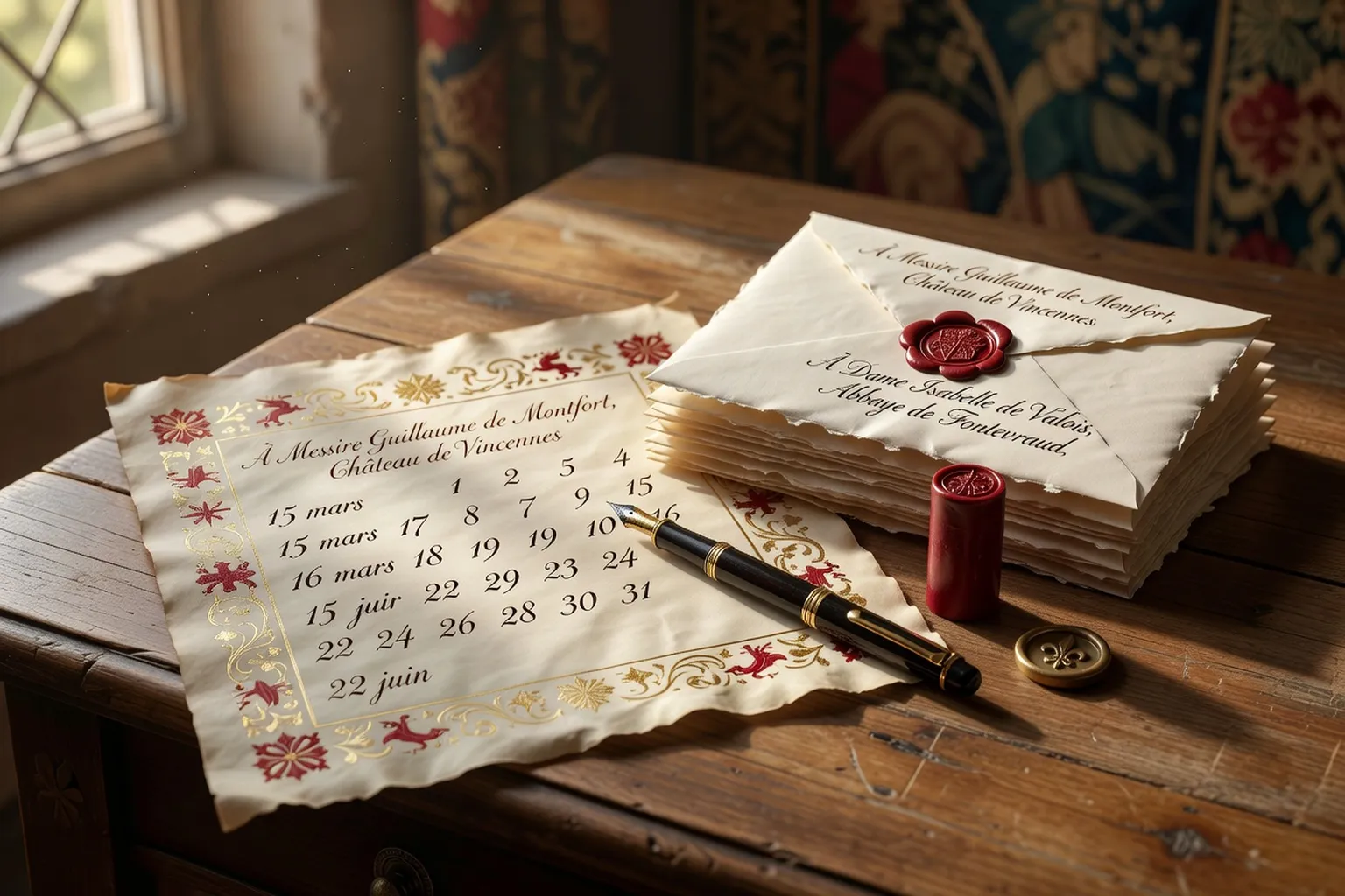 Calendrier en parchemin avec enveloppes de faire-part de mariage