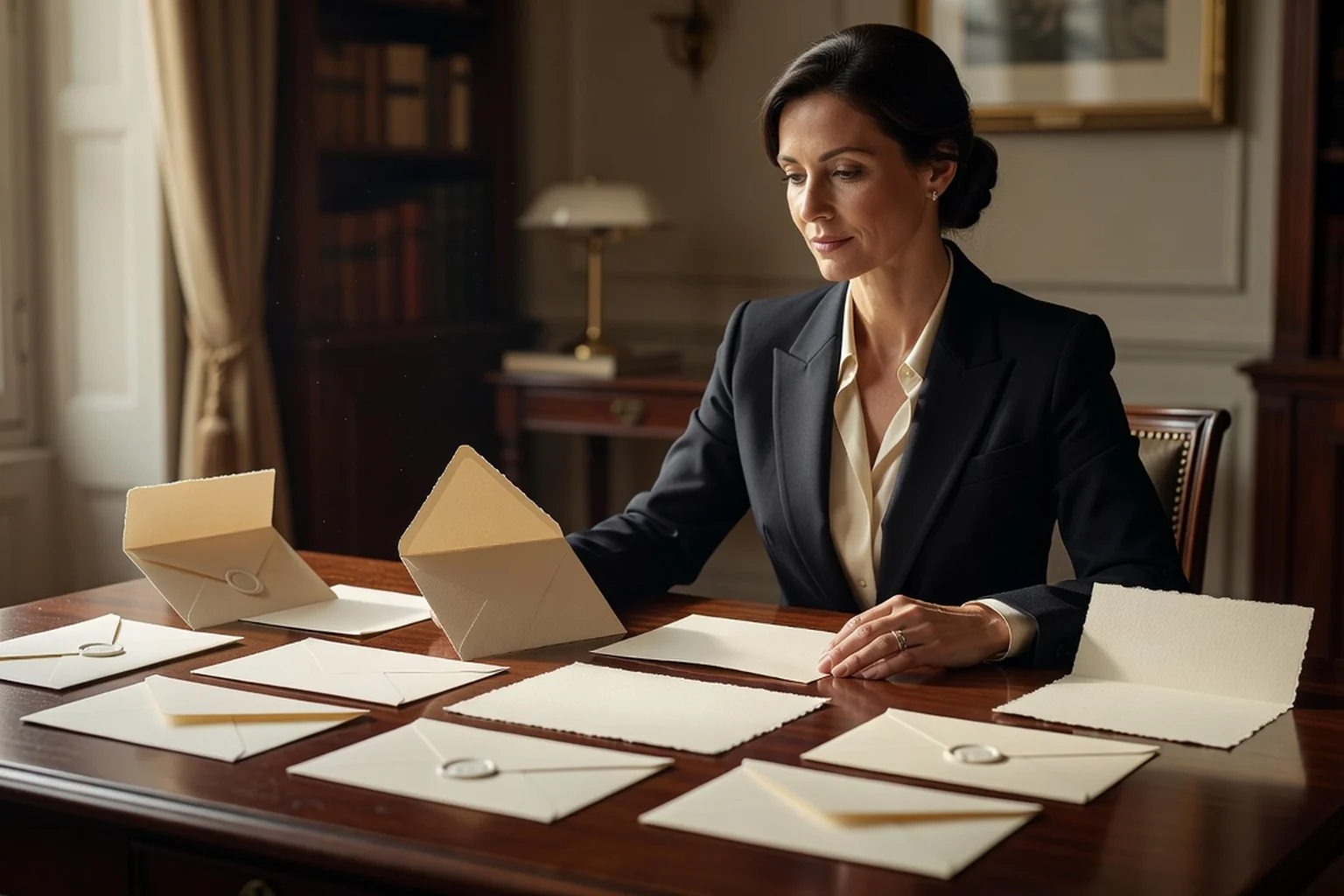 Femme en costume sombre composant des cartons de réponse et des enveloppes ivoire disposés sur un bureau en bois dans un intérieur lumineux