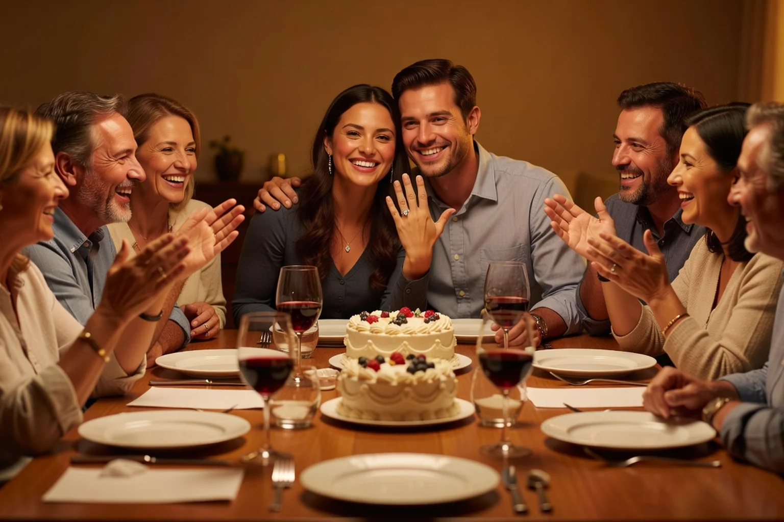 Jeune couple affichant sa bague de fiançailles autour d'une table de famille dressée pour un dîner de célébration