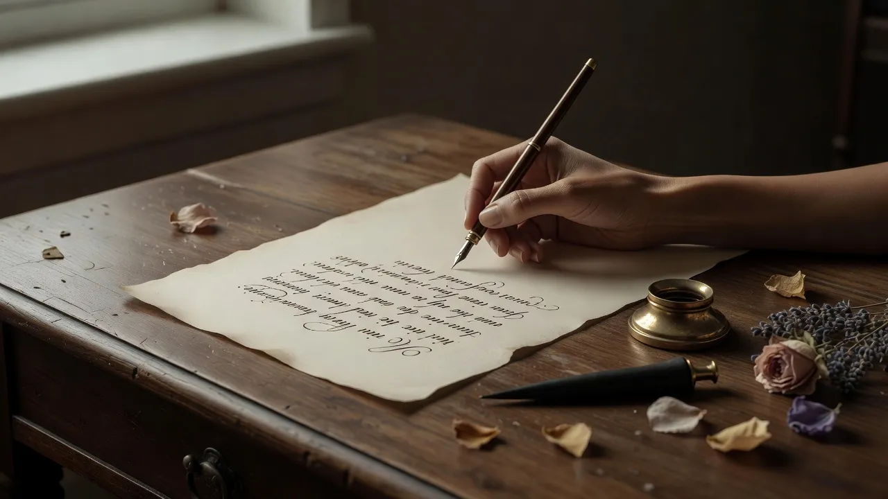 Faire-part de décès manuscrit posé sur un bureau avec encrier et plume