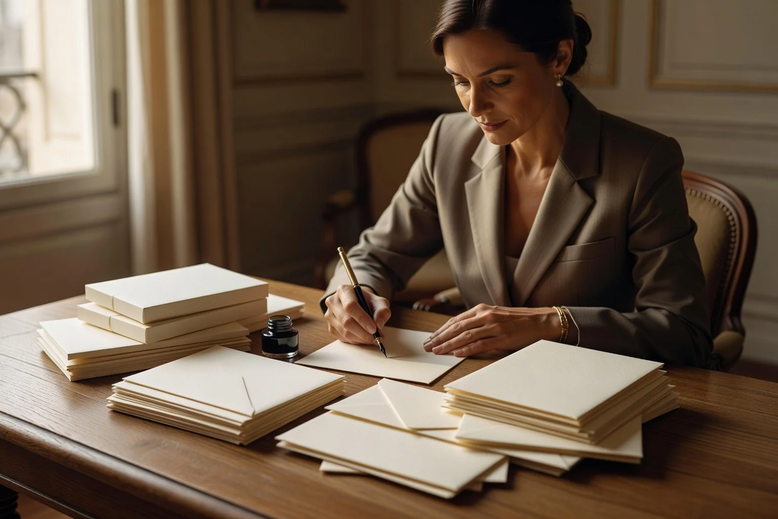 Cartes de remerciement de mariage manuscrites, encre brune sur papier vergé crème, plume et sceau de cire posés sur une table de bois