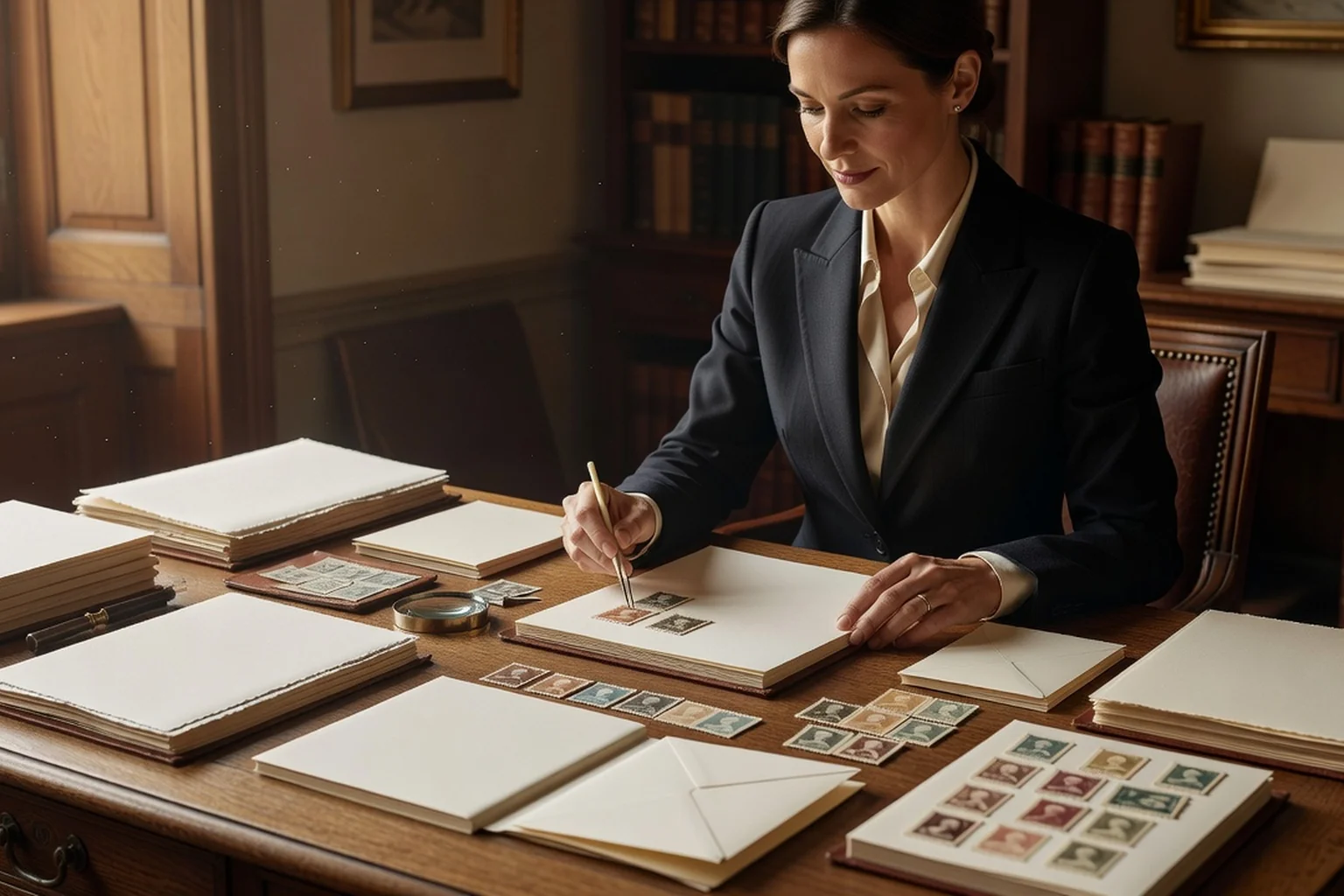 Femme en robe sobre examinant de vieux timbres-poste et des faire-part anciens éclairés à la loupe sur une table de travail en bois