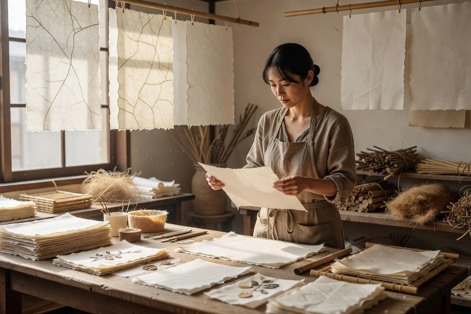 Feuilles de papier washi japonais blanc et teinté, fibres de kozo et outils de formage disposés sur une table d'atelier en bois